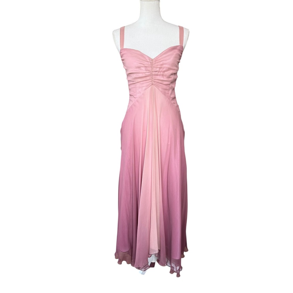 Hartnell Pink Ombre Silk Chiffon Midi Dress Ruched Handkerchief Hem Rose Mauve